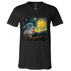 Moodeng Starry Night Van Gogh Funny Moodeng Meme Gift V-Neck T-Shirt