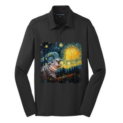 Moodeng Starry Night Van Gogh Funny Moodeng Meme Gift Silk Touch Performance Long Sleeve Polo