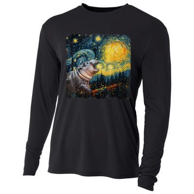 Moodeng Starry Night Van Gogh Funny Moodeng Meme Gift Cooling Performance Long Sleeve Crew