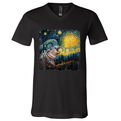 Moodeng Starry Night Van Gogh Funny Moodeng Meme V-Neck T-Shirt