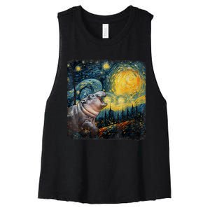 Moodeng Starry Night Van Gogh Funny Moodeng Meme Women's Racerback Cropped Tank