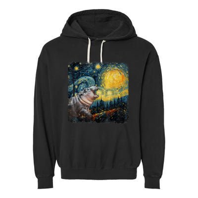 Moodeng Starry Night Van Gogh Funny Moo Eng Meme Garment-Dyed Fleece Hoodie