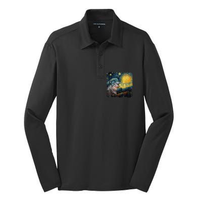 Moodeng Starry Night Van Gogh Funny Moo Eng Meme Silk Touch Performance Long Sleeve Polo