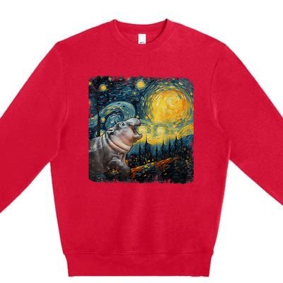 Moodeng Starry Night Van Gogh Funny Moo Eng Meme Premium Crewneck Sweatshirt