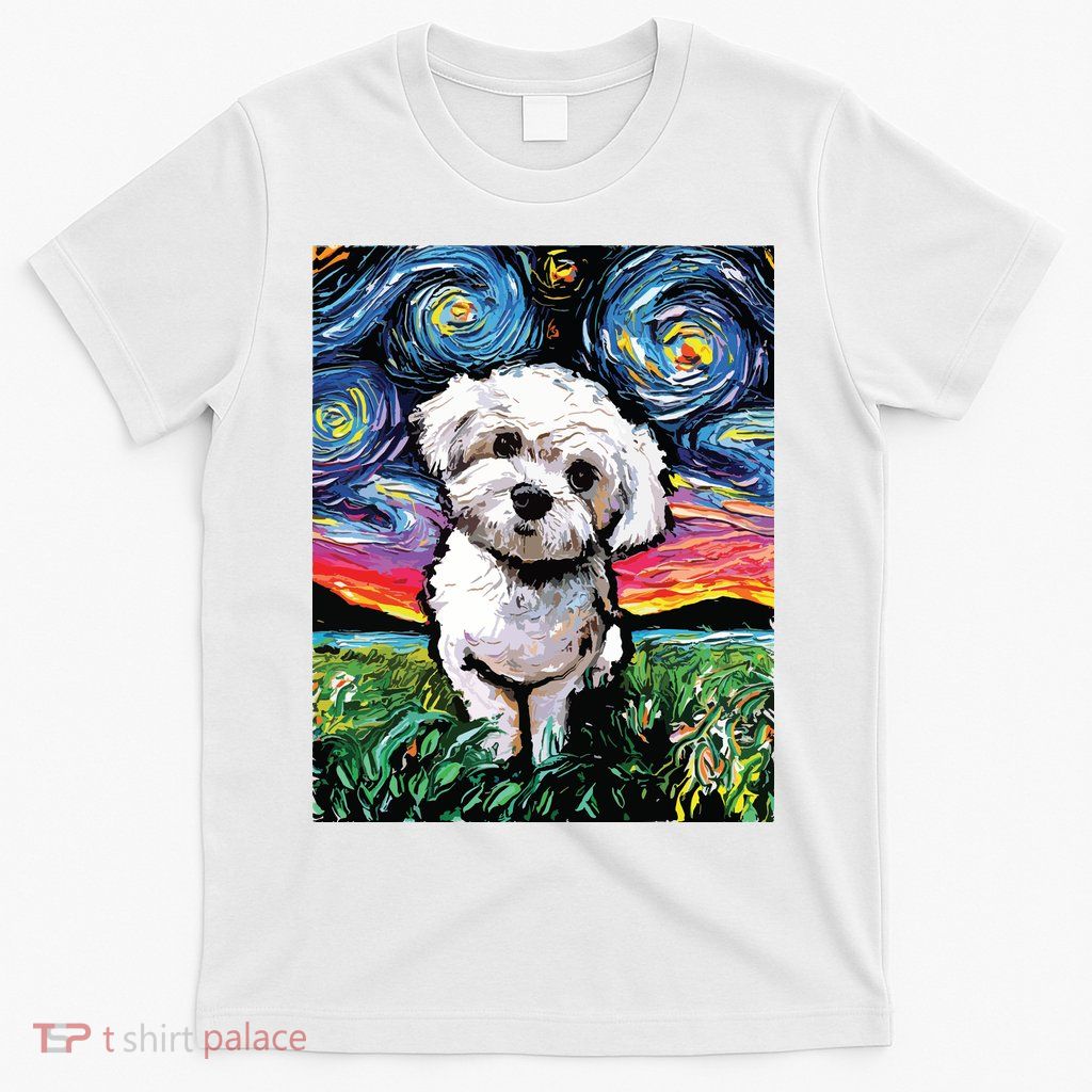 Maltipoo Starry Night White Maltese Poodle Dog Art By Aja T-Shirt