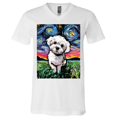 Maltipoo Starry Night White Maltese Poodle Dog Art By Aja V-Neck T-Shirt
