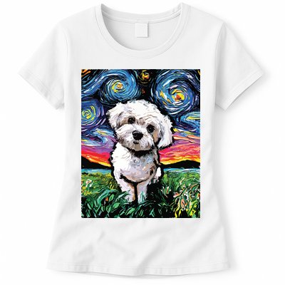 Maltipoo Starry Night White Maltese Poodle Dog Art By Aja Womens T-Shirt