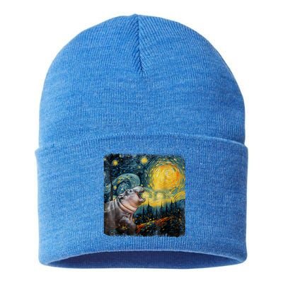 Moodeng Starry Night Van Gogh Funny Moodeng Meme Sustainable Knit Beanie