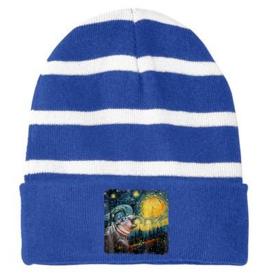 Moodeng Starry Night Van Gogh Funny Moodeng Meme Striped Beanie with Solid Band