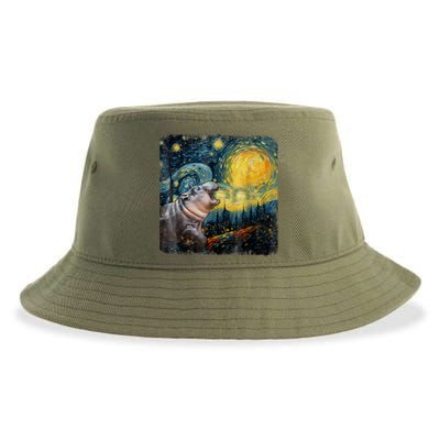 Moodeng Starry Night Van Gogh Funny Moodeng Meme Sustainable Bucket Hat