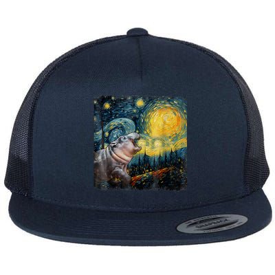 Moodeng Starry Night Van Gogh Funny Moodeng Meme Flat Bill Trucker Hat