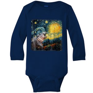 Moodeng Starry Night Van Gogh Funny Moodeng Meme Baby Long Sleeve Bodysuit