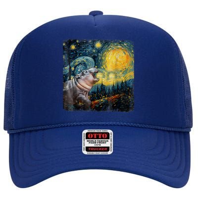 Moodeng Starry Night Van Gogh Funny Moodeng Meme High Crown Mesh Back Trucker Hat