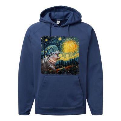 Moodeng Starry Night Van Gogh Funny Moodeng Meme Performance Fleece Hoodie