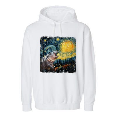 Moodeng Starry Night Van Gogh Funny Moodeng Meme Garment-Dyed Fleece Hoodie