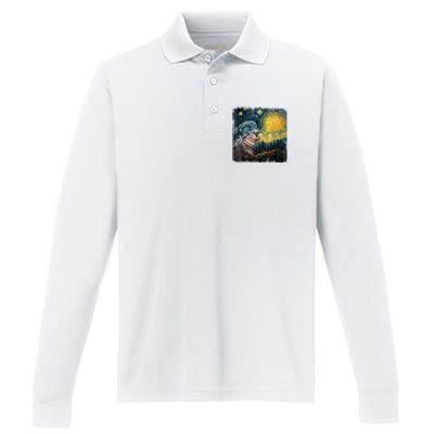 Moodeng Starry Night Van Gogh Funny Moodeng Meme Performance Long Sleeve Polo