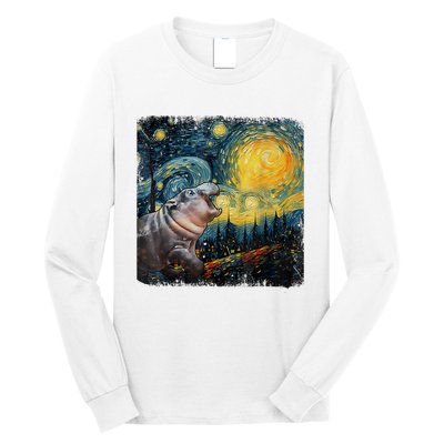 Moodeng Starry Night Van Gogh Funny Moodeng Meme Long Sleeve Shirt