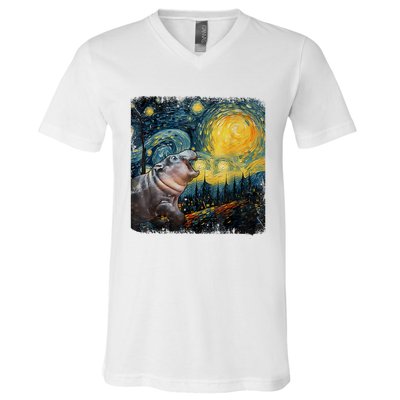 Moodeng Starry Night Van Gogh Funny Moodeng Meme V-Neck T-Shirt