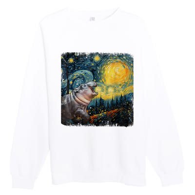 Moodeng Starry Night Van Gogh Funny Moodeng Meme Premium Crewneck Sweatshirt