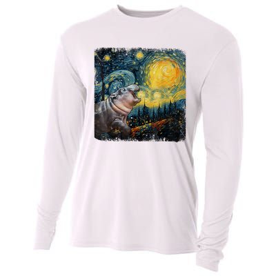 Moodeng Starry Night Van Gogh Funny Moodeng Meme Cooling Performance Long Sleeve Crew