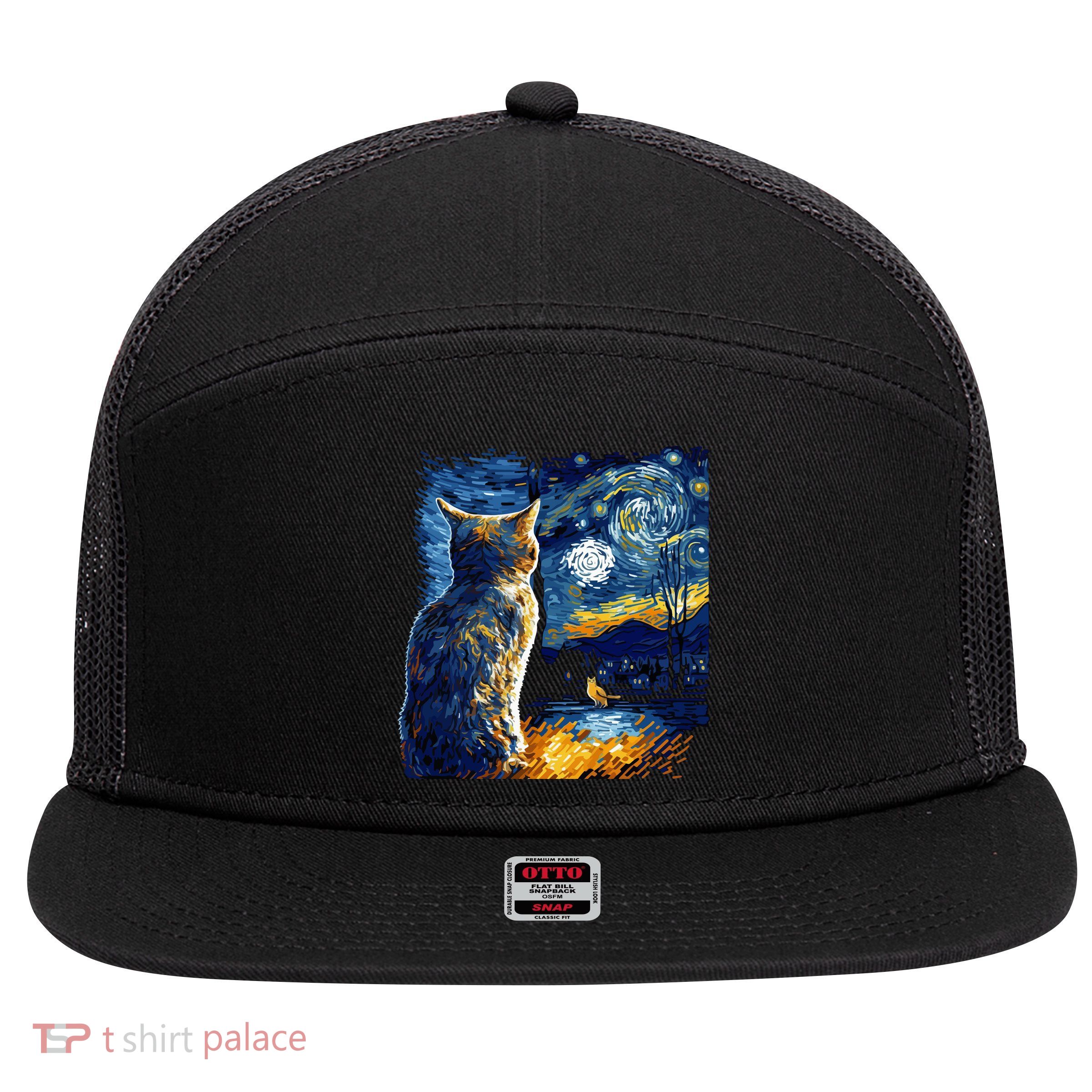 Majestic Starry Night Cat 7 Panel Mesh Trucker Snapback Hat