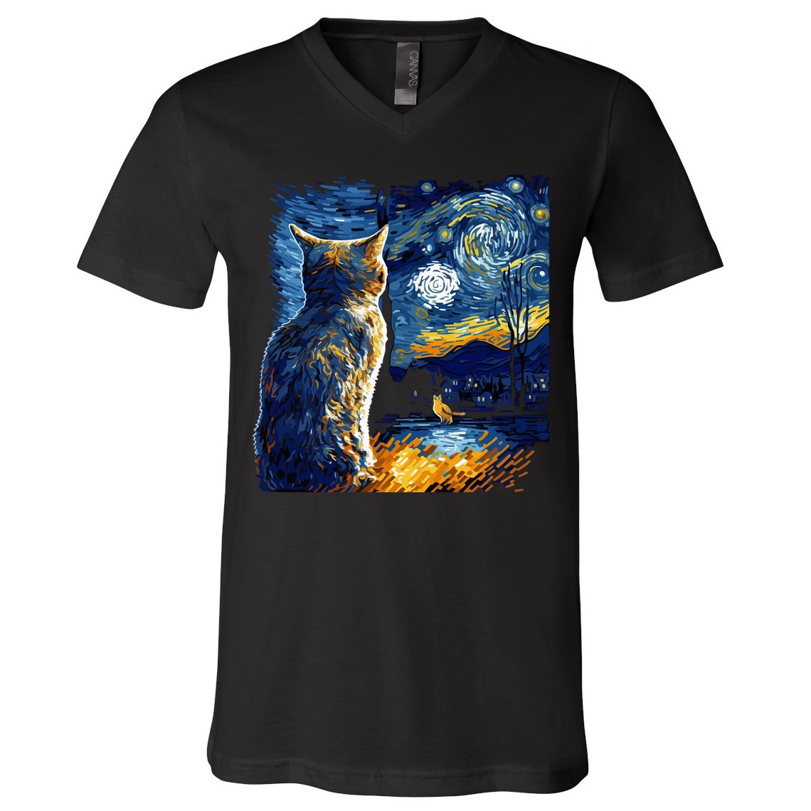 Majestic Starry Night Cat V-Neck T-Shirt