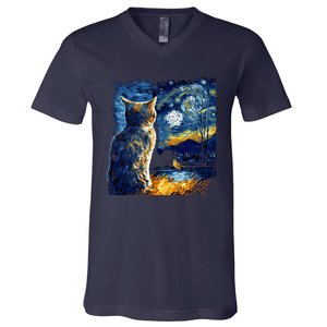 Majestic Starry Night Cat V-Neck T-Shirt