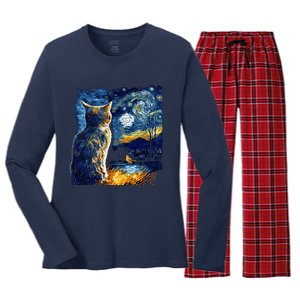 Majestic Starry Night Cat Women's Long Sleeve Flannel Pajama Set 