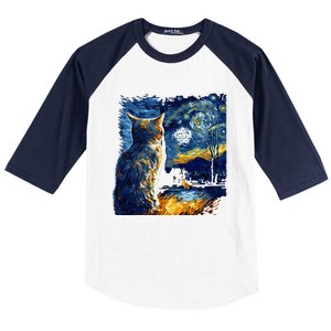 Majestic Starry Night Cat Baseball Sleeve Shirt