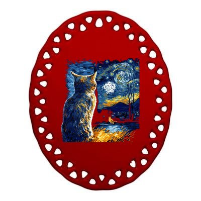 Majestic Starry Night Cat Ceramic Oval Ornament