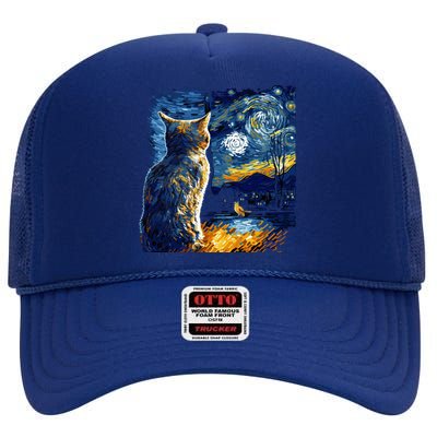 Majestic Starry Night Cat High Crown Mesh Back Trucker Hat