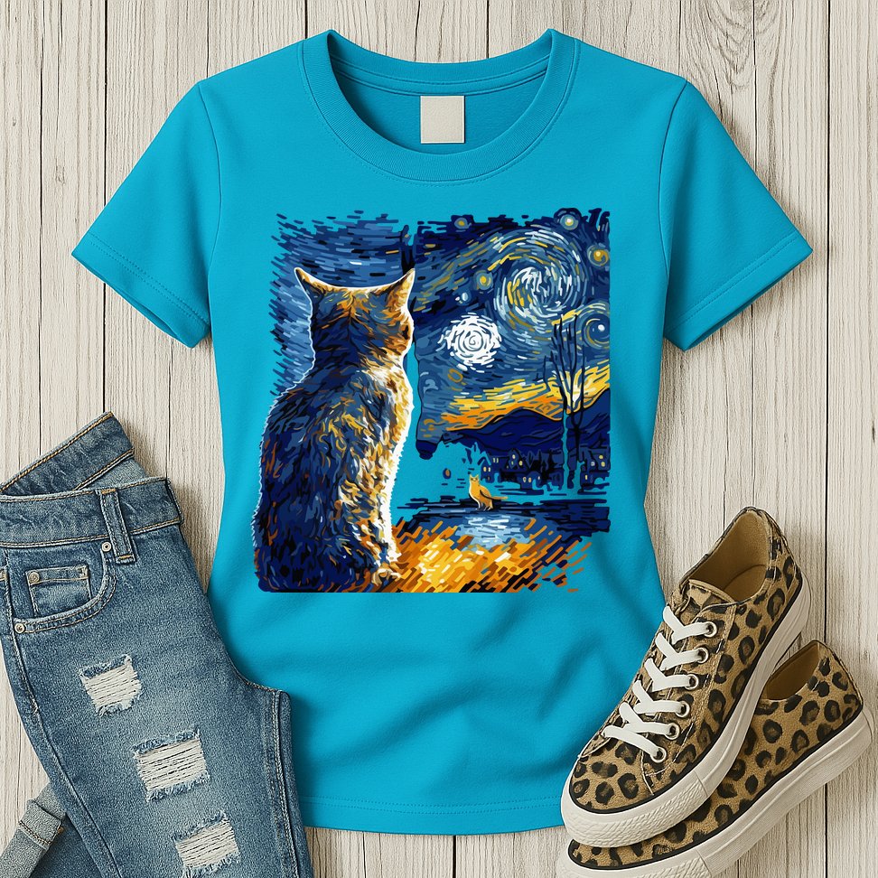 Majestic Starry Night Cat Womens T-Shirt