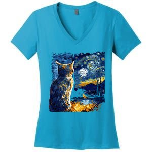 Majestic Starry Night Cat Women's V-Neck T-Shirt