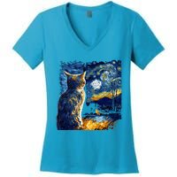 Majestic Starry Night Cat Women's V-Neck T-Shirt