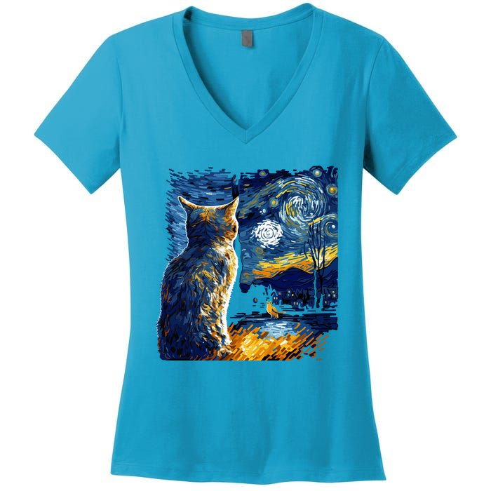 Majestic Starry Night Cat Women's V-Neck T-Shirt