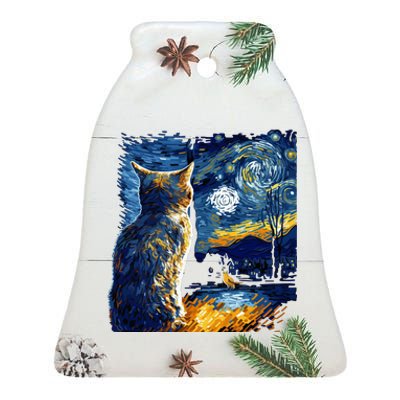 Majestic Starry Night Cat Ceramic Bell Ornament