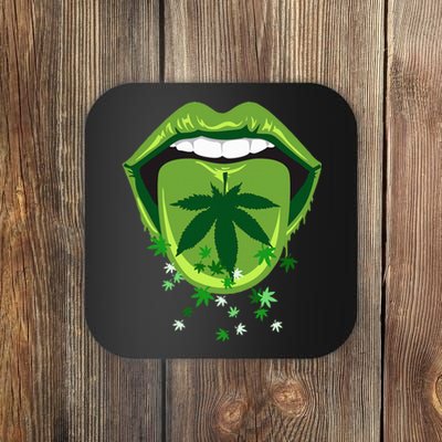 Marijuana Smoker Pot Leaf Tongue Green Lips Love Weed Coaster