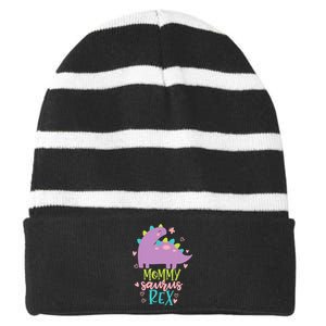 Mommy Saurus Rex Funny Dinosaur for Wo and Moms Striped Beanie with Solid Band