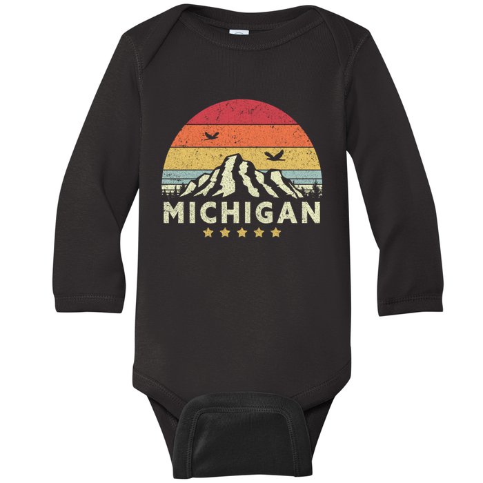 Michigan Shirt. Retro Style MI, USA Baby Long Sleeve Bodysuit