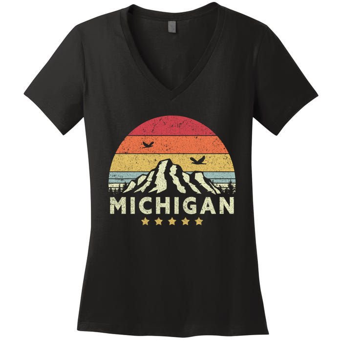 Michigan Shirt. Retro Style MI, USA Women's V-Neck T-Shirt