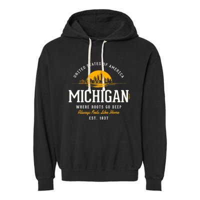 Michigan Souvenirs Retro Styled State Of Michigan Vintage Garment-Dyed Fleece Hoodie