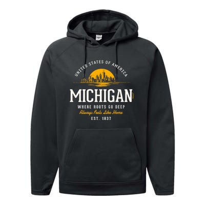 Michigan Souvenirs Retro Styled State Of Michigan Vintage Performance Fleece Hoodie