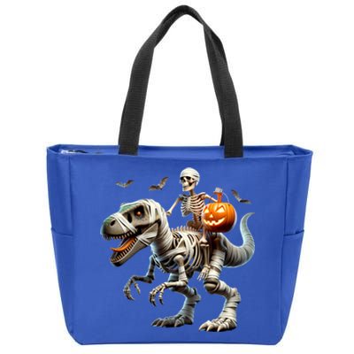 Mummy Skeleton Riding Dinosaur Halloween Spooky Design Gift Zip Tote Bag