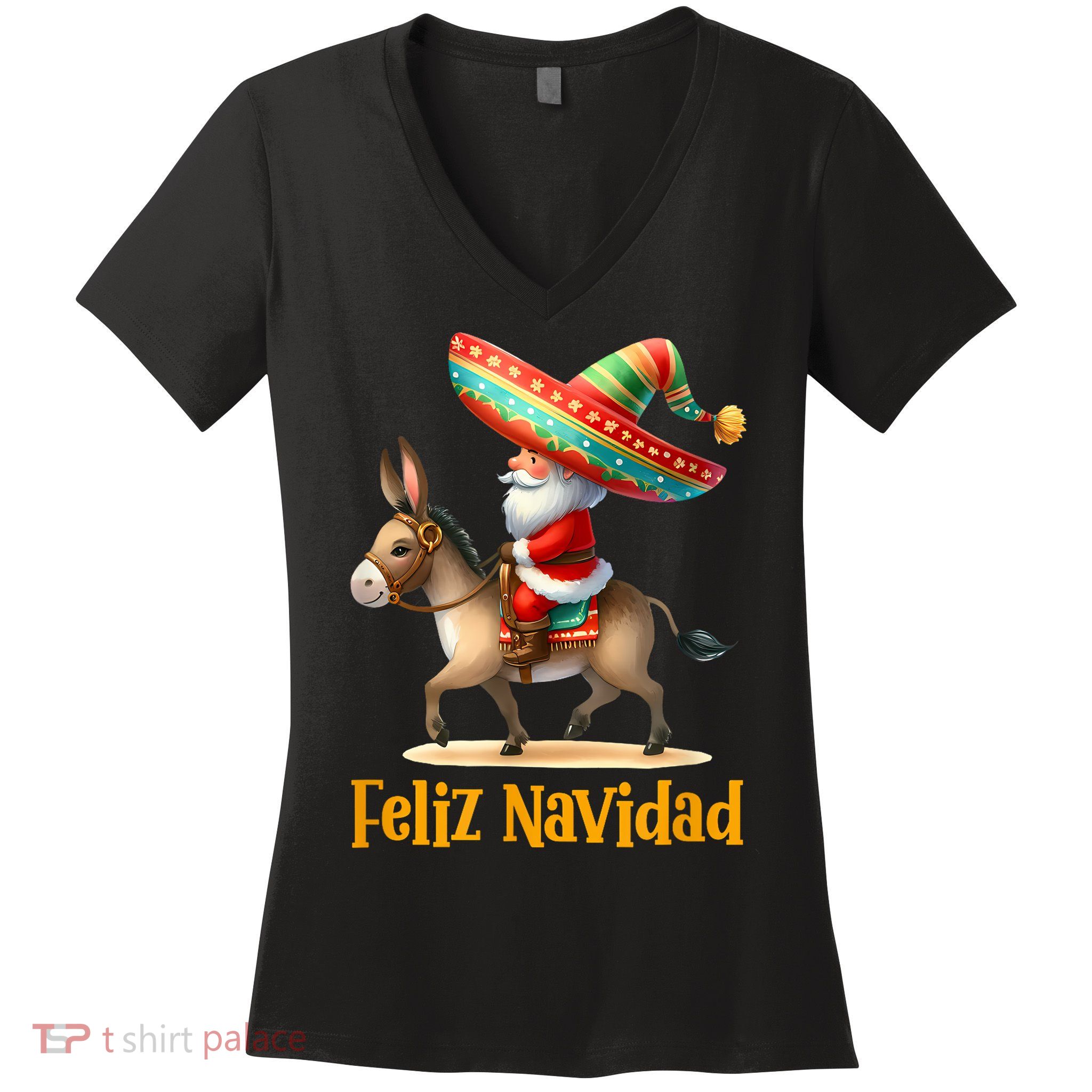 Mexican Santa Riding Donkey Christmas Navidad Mexicana Women's V-Neck T-Shirt