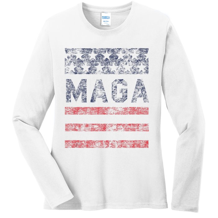 MAGA Stars & Stripes Retro Vintage Distressed Graphic Ladies Long Sleeve Shirt