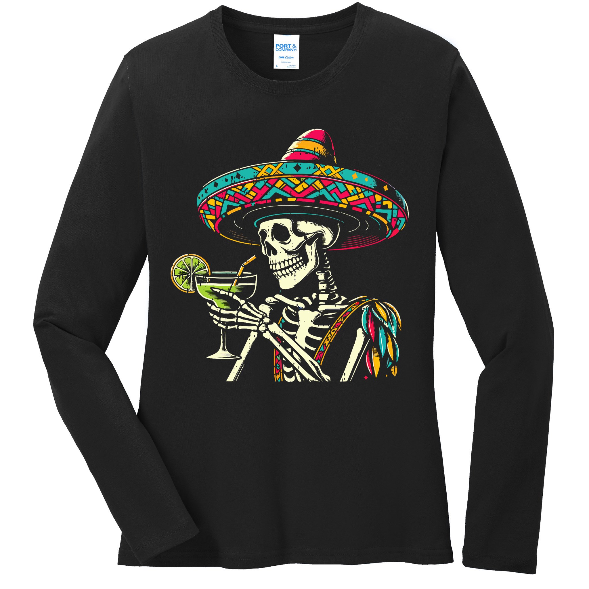 Mexican Skeleton Sombrero Cinco De Mayo Mexican Fiesta Party Ladies Long Sleeve Shirt