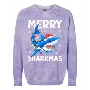 Merry Sharkmas Santa Hat Lights Funny Christmas Snowflakes Gift Colorblast Crewneck Sweatshirt