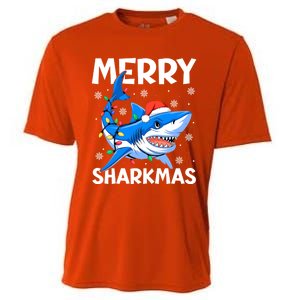 Merry Sharkmas Santa Hat Lights Funny Christmas Snowflakes Gift Cooling Performance Crew T-Shirt