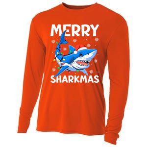 Merry Sharkmas Santa Hat Lights Funny Christmas Snowflakes Gift Cooling Performance Long Sleeve Crew