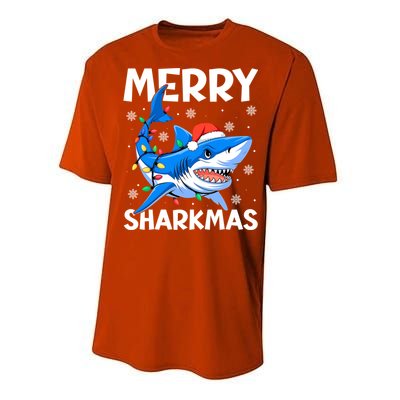 Merry Sharkmas Santa Hat Lights Funny Christmas Snowflakes Gift Performance Sprint T-Shirt